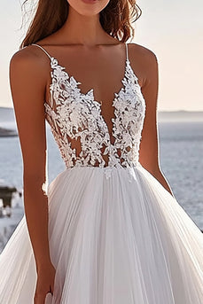 Ivory Deep V-Neck Ball Gown Wedding Dress with Lace