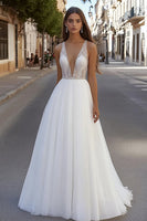 Load image into Gallery viewer, Ivory Deep V-Neck A Line Sweep Train Wedding Dress