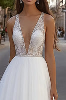 Load image into Gallery viewer, Ivory Deep V-Neck A Line Sweep Train Wedding Dress