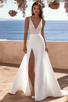 Load image into Gallery viewer, Ivory Chiffon Sweep Train Deep V-Neck Wedding Dress with Slit