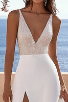 Load image into Gallery viewer, Ivory Chiffon Sweep Train Deep V-Neck Wedding Dress with Slit