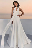 Load image into Gallery viewer, Ivory Sweep Train Chiffon Keyhole A Line Wedding Dress