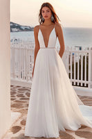Load image into Gallery viewer, Ivory A Line Sweep Train Chiffon V-Neck Wedding Dress