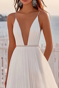 Ivory A Line Sweep Train Chiffon V-Neck Wedding Dress
