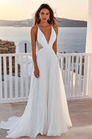 Load image into Gallery viewer, Ivory A Line Sweep Train Deep V-Neck Chiffon Wedding Dress