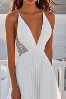 Load image into Gallery viewer, Ivory A Line Sweep Train Deep V-Neck Chiffon Wedding Dress