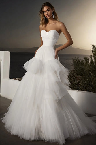Ivory A Line Tulle Sweetheart Long Wedding Dress with Ruffles