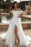 Load image into Gallery viewer, A Line Ivory Sweep Train Wedding Dress with Slit