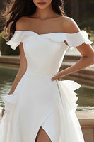 Load image into Gallery viewer, A Line Ivory Sweep Train Wedding Dress with Slit