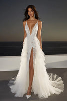 Load image into Gallery viewer, Ivory Sweep Train Lace Ruffled Wedding Dress with Slit