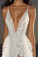 Load image into Gallery viewer, Ivory Sweep Train Lace Ruffled Wedding Dress with Slit