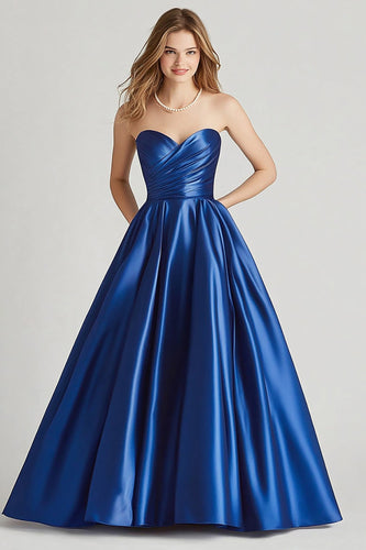 Dark Blue Ball Gown Strapless Long Satin Prom Dress