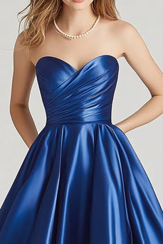 Dark Blue Ball Gown Strapless Long Satin Prom Dress