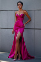 Load image into Gallery viewer, Fuchsia Sweetheart Mermaid Long Satin Prom Dress with Slit