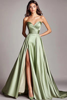 Load image into Gallery viewer, Women Dusty Sage A Line Satin Prom Dress with Slit Ruched Strapless Long Formal Dress
