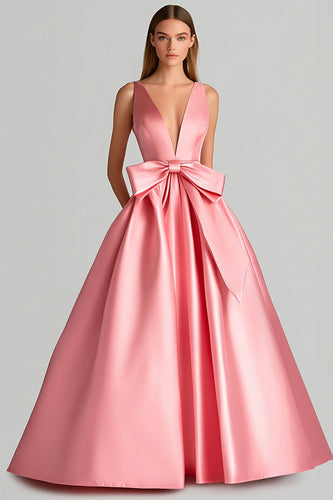 Ball Gown Pink Deep V-Neck Long Prom Dress with Bowknot