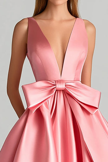 Ball Gown Pink Deep V-Neck Long Prom Dress with Bowknot