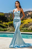 Load image into Gallery viewer, Sky Blue Mermaid Spaghetti Straps Long Satin Prom Dress