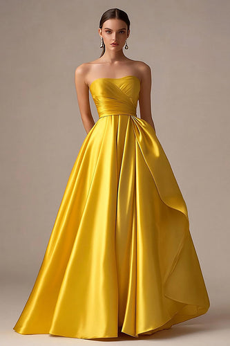 Yellow Ball Gown Strapless Pleated Long Prom Dress