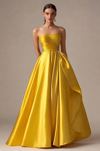 Yellow Ball Gown Strapless Pleated Long Prom Dress