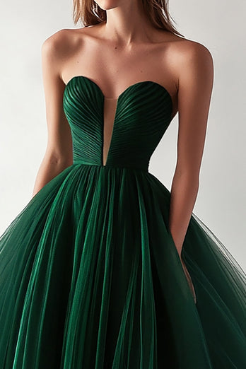 Dark Green Tulle Ball Gown Sweetheart Long Prom Dress