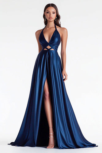 Navy A Line Satin V-Neck Cut Out Long Prom Dress with Slit