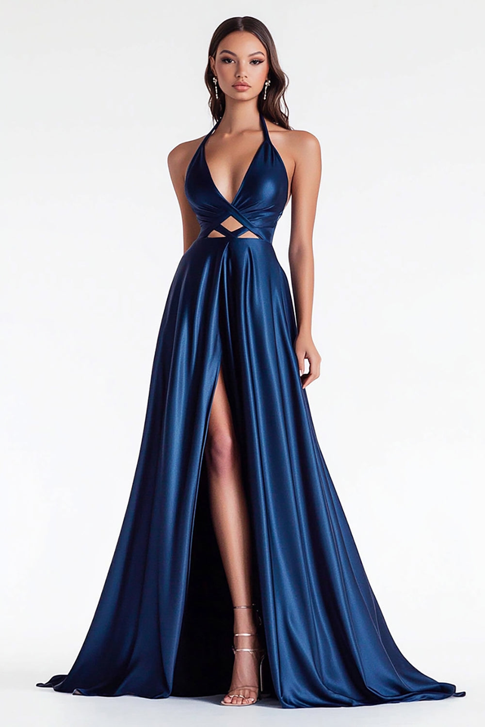 Navy A Line Satin V-Neck Cut Out Long Prom Dress with Slit
