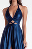 Load image into Gallery viewer, Navy A Line Satin V-Neck Cut Out Long Prom Dress with Slit