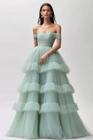 Load image into Gallery viewer, Off the Shoulder Light Green Tulle Tiered Pleated Long Prom Dress