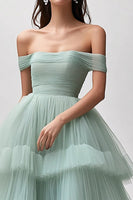 Load image into Gallery viewer, Off the Shoulder Light Green Tulle Tiered Pleated Long Prom Dress