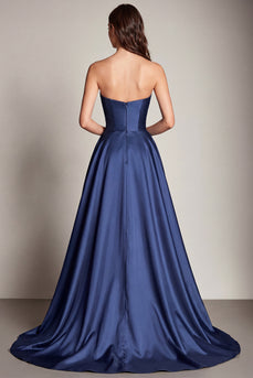 Navy Sweetheart Satin Pleated Long Prom Dress