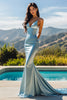 Load image into Gallery viewer, Sky Blue Satin V-Neck Mermaid Long Prom Dress