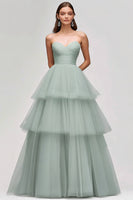 Load image into Gallery viewer, Light Green Tulle Strapless Tiered Long Prom Dress