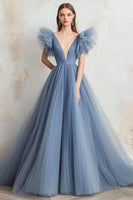 Load image into Gallery viewer, Grey Blue A Line Tulle V-Neck Long Prom Dress with Ruffles