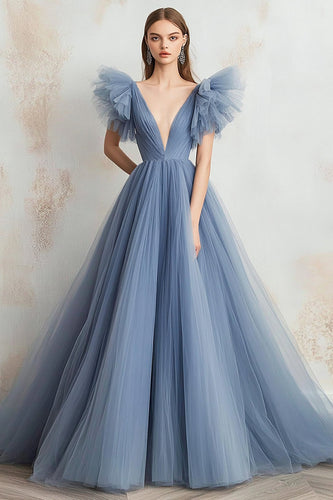 Grey Blue A Line Tulle V-Neck Long Prom Dress with Ruffles