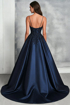 Navy A Line Satin V-Neck Long Prom Dress with Lace Appliques