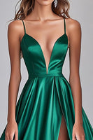 Load image into Gallery viewer, Dark Green A Line Satin V-Neck Long Prom Dress with Slit