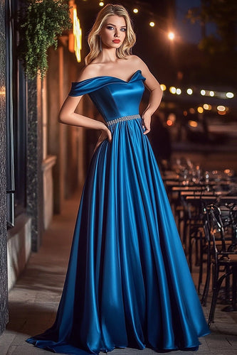 Royal Blue A Line Satin One Shoulder Pleated Long Prom Dress