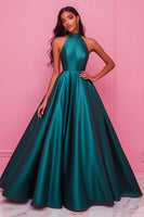 Load image into Gallery viewer, Dark Green Ball Gown Satin Halter Long Prom Dress