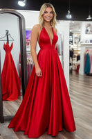 Load image into Gallery viewer, Red A Line Satin V-Neck Sleeveless Long Prom Dress