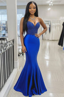 Load image into Gallery viewer, Royal Blue Mermaid Satin Strapless Long Prom Dress
