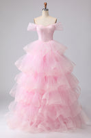 Load image into Gallery viewer, Pink Ball Gown Tulle Off the Shoulder Tiered Long Prom Dress