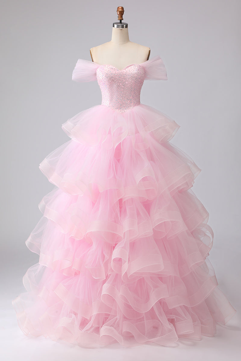 Load image into Gallery viewer, Pink Ball Gown Tulle Off the Shoulder Tiered Long Prom Dress