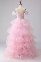 Load image into Gallery viewer, Pink Ball Gown Tulle Off the Shoulder Tiered Long Prom Dress