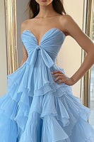 Load image into Gallery viewer, Sky Blue Ball Gown Tulle Tiered Long Prom Dress with Bow