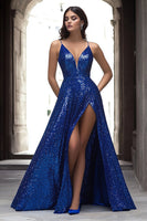 Load image into Gallery viewer, Sparkly Royal Blue A Line Sequins Long Prom Dress with Slit