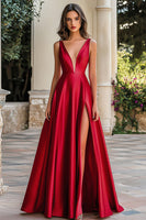 Load image into Gallery viewer, Red A Line Satin Long Prom Dress with Slit