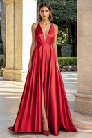 Load image into Gallery viewer, Red A Line Deep V-Neck Satin Long Prom Dress with Slit