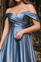 Load image into Gallery viewer, Dusty Blue A Line Off the Shoulder Satin Long Prom Dress
