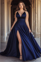 Load image into Gallery viewer, Navy A Line V-Neck Satin Long Prom Dress with Slit